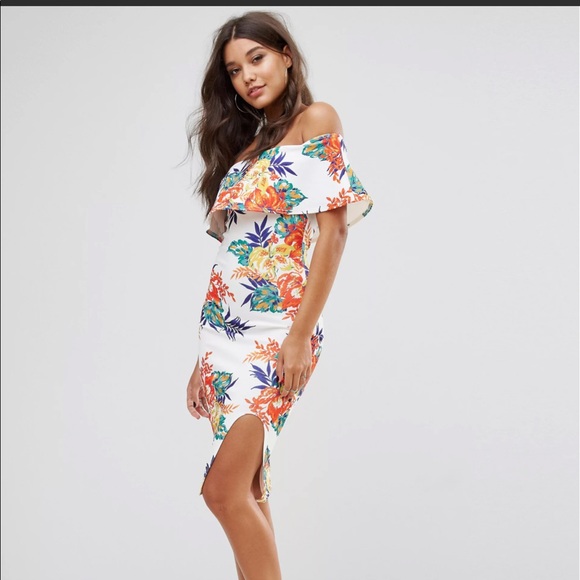 PrettyLittleThing White w/ Floral Bardot Printed Dress - Picture 1 of 14